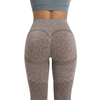 Brown leggings with a textured pattern on a white background, back view