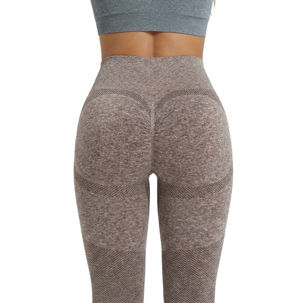 Brown leggings with a textured pattern on a white background, back view