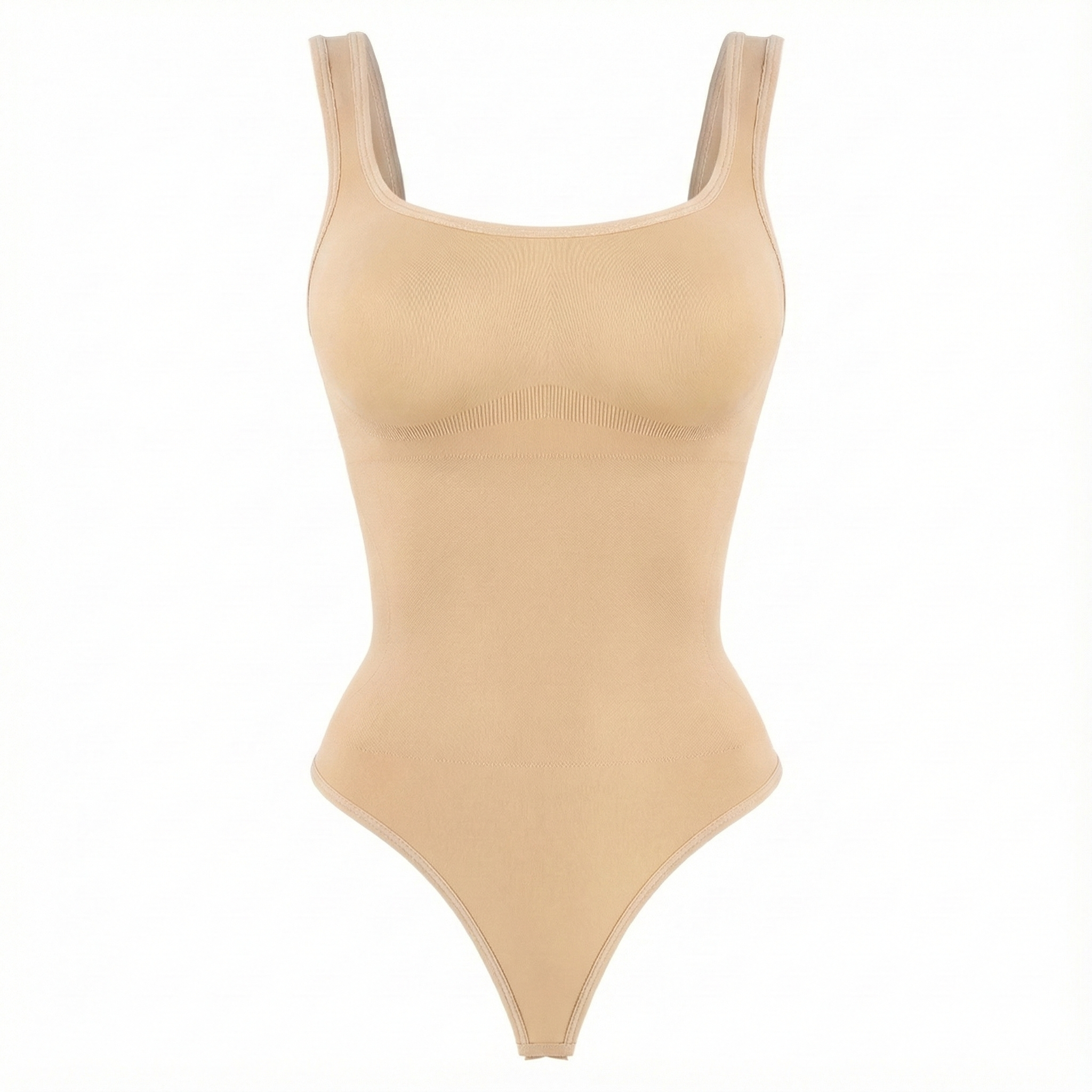 Beige thong bodysuit on a white background