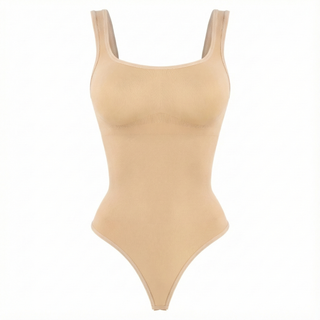 Beige thong bodysuit on a white background