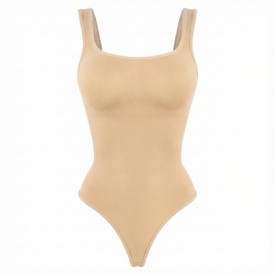 Beige thong bodysuit on a white background