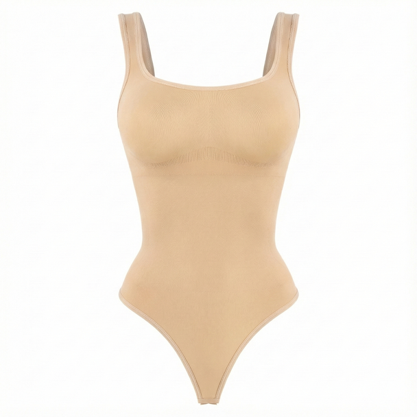 Beige thong bodysuit on a white background