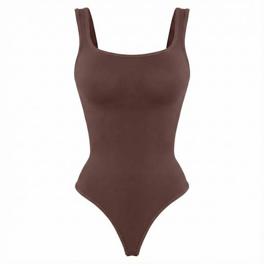 Brown thong bodysuit on a white background