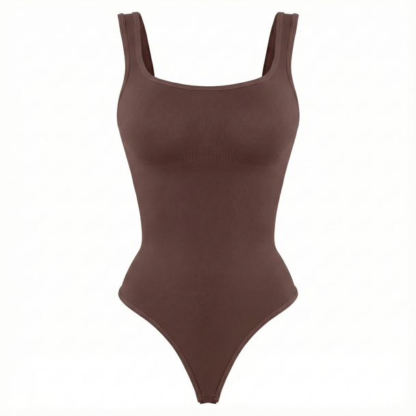 Brown thong bodysuit on a white background