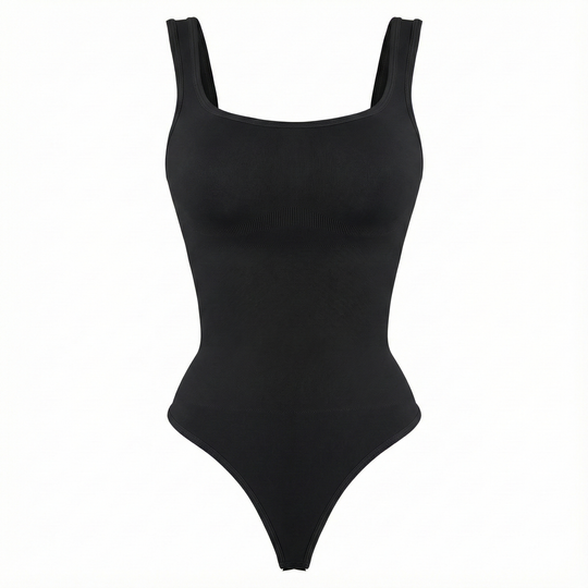 Black thong bodysuit on a white background