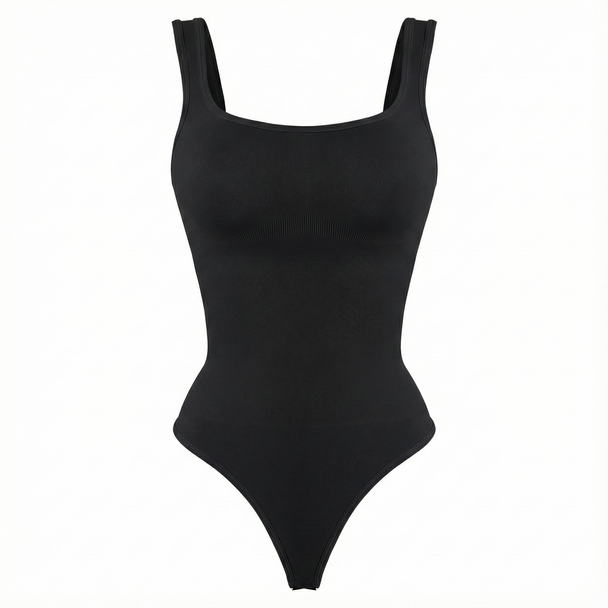 Black thong bodysuit on a white background