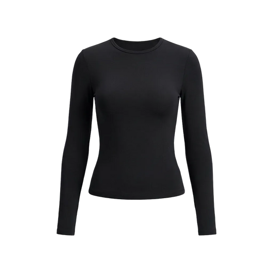 Black long-sleeve shirt on a light gray background