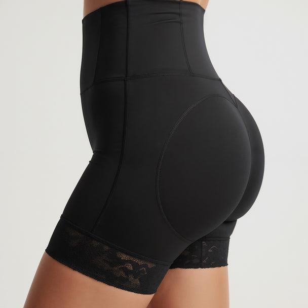 Black high-waisted shorts with lace trim on a plain background