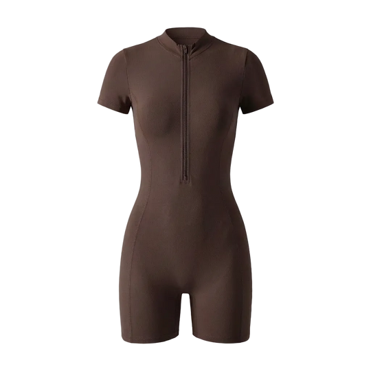 Brown bodysuit with a zipper on a gray background