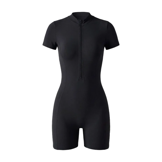 Black wetsuit with a zipper on a gray background