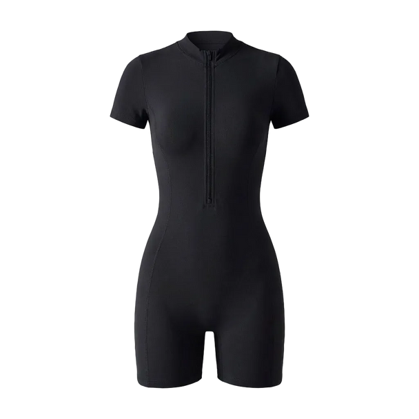 Black wetsuit with a zipper on a gray background