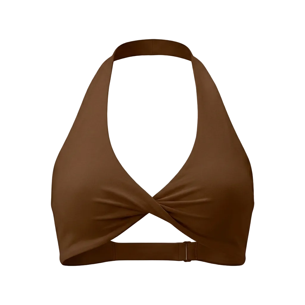 Brown bikini top on a light gray background