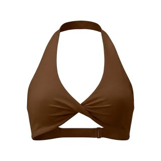 Brown bikini top on a light gray background