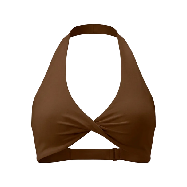 Brown bikini top on a light gray background