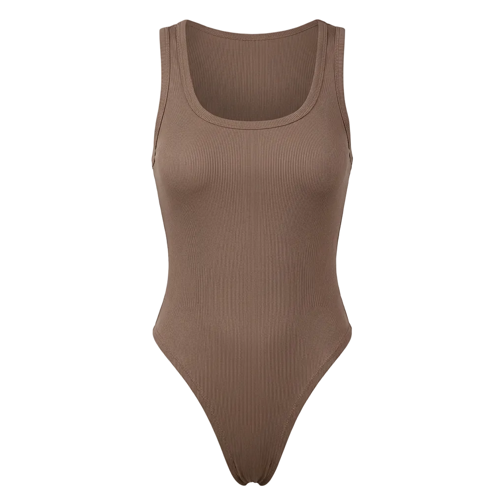 Brown bodysuit on a light gray background