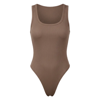 Brown bodysuit on a light gray background