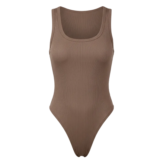 Brown bodysuit on a light gray background