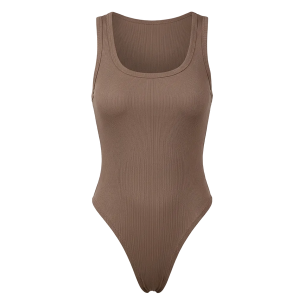Brown bodysuit on a light gray background