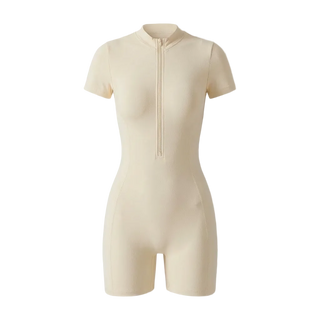 Beige bodysuit with a zipper on a gray background