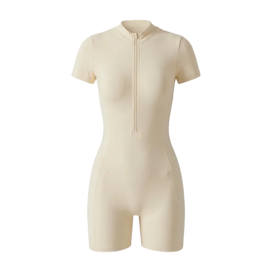 Beige bodysuit with a zipper on a gray background